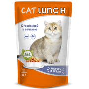 Cat Lunch корм консервированный для кошек кусочки в желе с Говядиной и Печенью