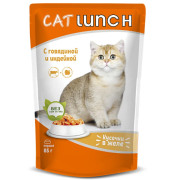 Cat Lunch корм консервированный для кошек кусочки в желе с Говядиной и Индейкой